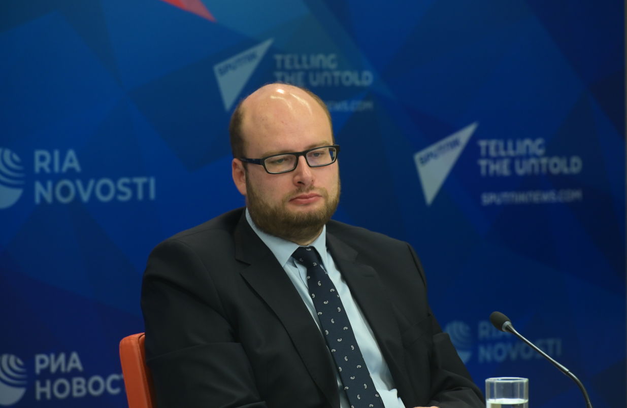 Mikhail Kalugin, Head of the BRICS Section Policy Planning Department, Russian Foreign Ministry, during the online news conference on the outcomes of the BRICS Academic Forum at the Rossiya Segodnya International Multimedia Press Centre in Moscow