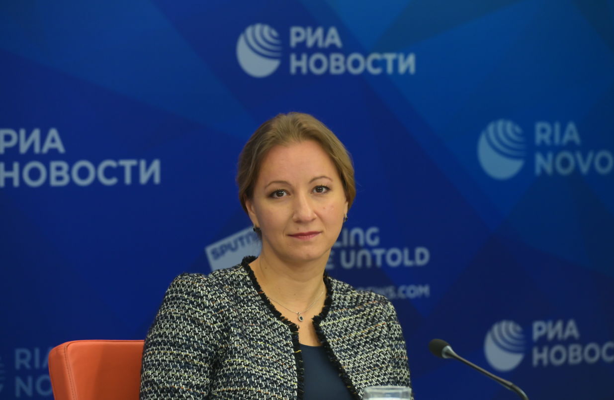 Natalya Stapran, Director, Multilateral Economic Cooperation and Special Projects Department, Ministry of Economic Development of the Russian Federation, during the online news conference on the outcomes of the BRICS Academic Forum at the Rossiya Segodnya International Multimedia Press Centre in Moscow