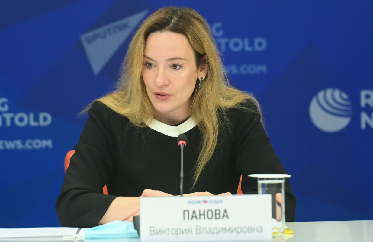 Victoria Panova, Managing Director of the Russian National Committee on BRICS Research, Scientific Supervisor of BRICS Russia Expert Council, during a press conference on new projects of the Russian BRICS Chairmanship at the International Multimedia Press Centre of Rossiya Segodnya International News Agency in Moscow