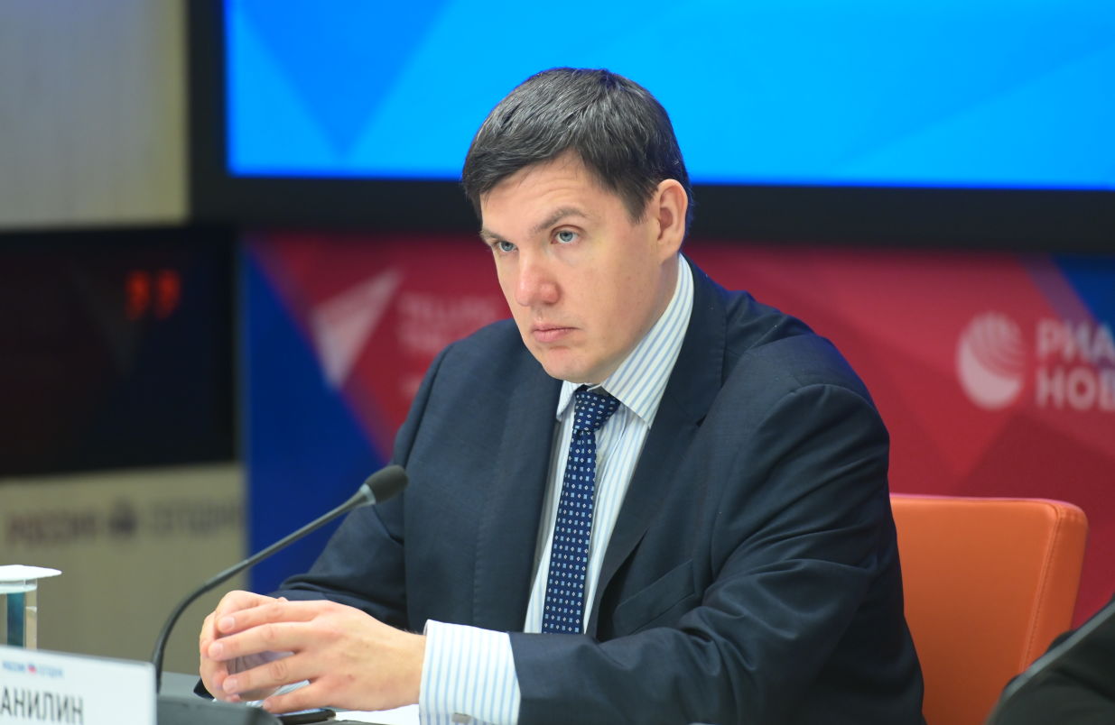 Ivan Danilin, Head of the Department of Science and Innovation, Head of the Innovation Policy Sector at IMEMO RAS, during a press conference on new projects of the Russian BRICS Chairmanship at the International Multimedia Press Centre of Rossiya Segodnya International News Agency in Moscow